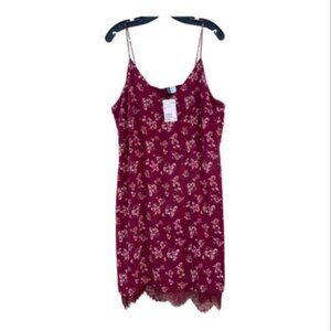 H&M Women's Floral Cami Midi Slip Dress w/ Lace Hem in Burgandy Red Sz 14